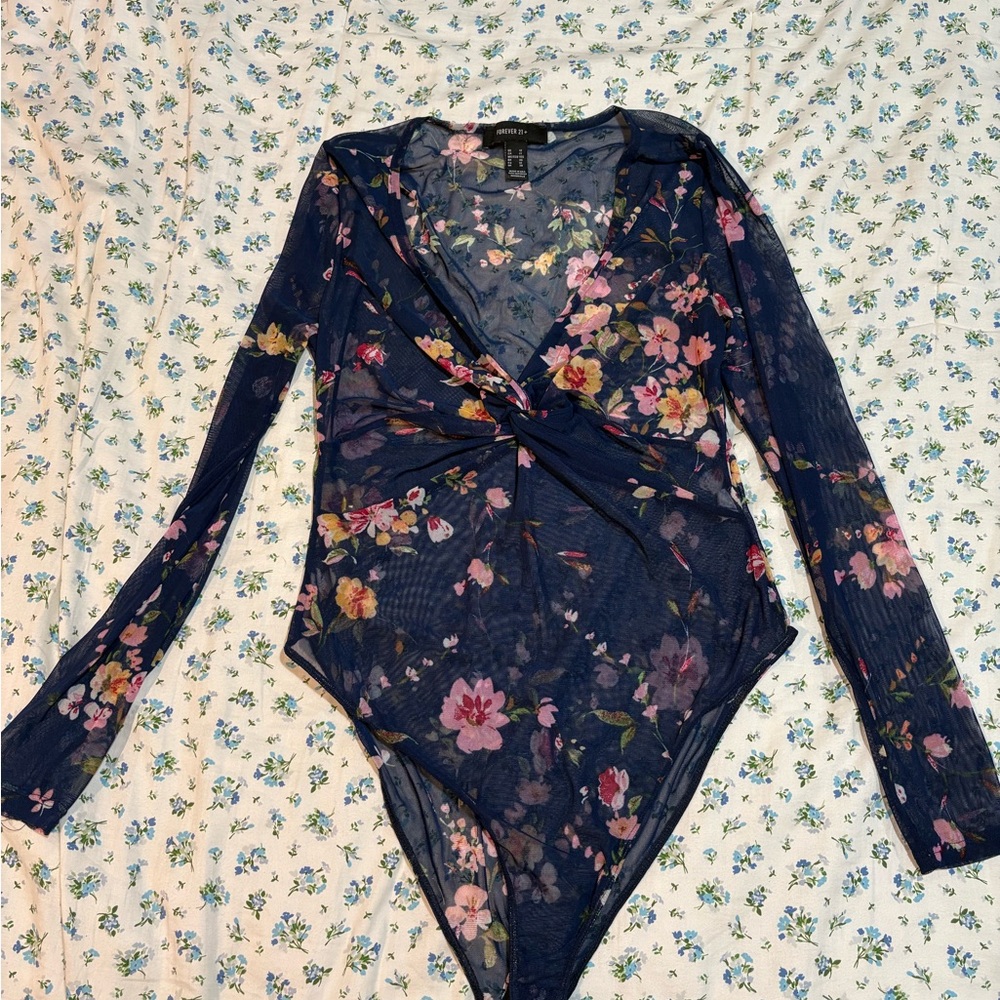 Forever 21 Navy sheer Floral Bodysuit 1X